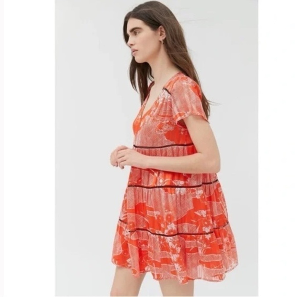 Urban Outfitters | Red & Silver Pippa Chiffon Tiered Floral Mini Dress Size XS